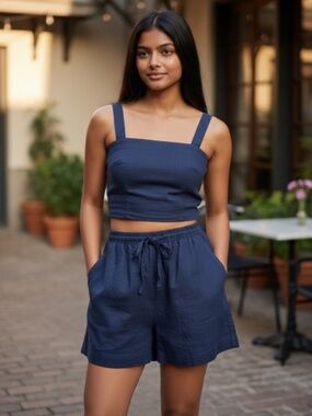 Jason Wu Navy Cotton Crop Top & Drawstring Shorts Set Size M